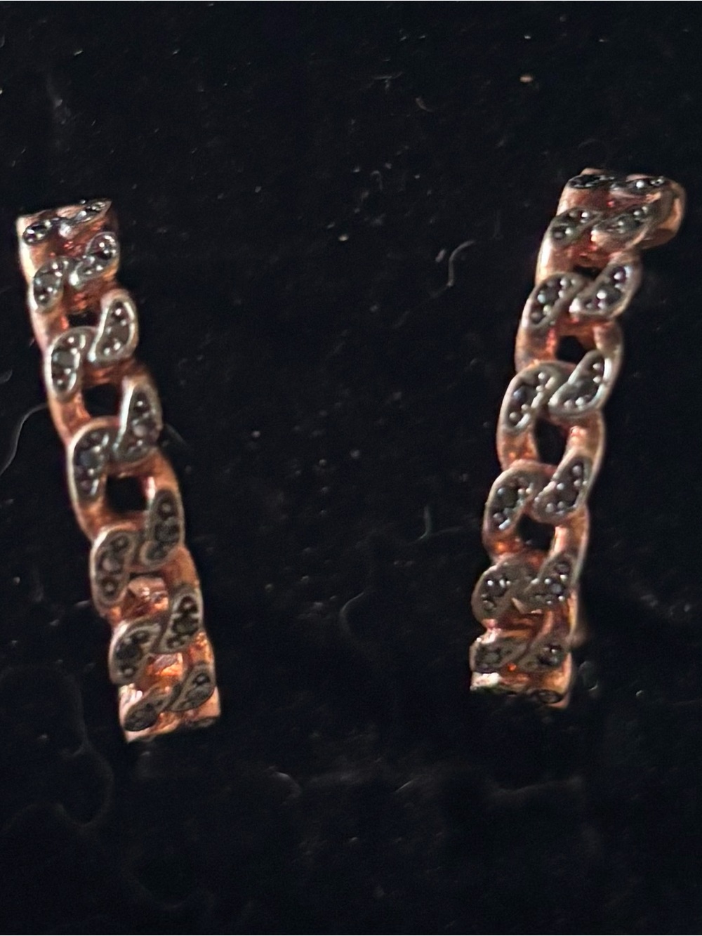 925 Sterling Silver Rose Gold Tone Black Pavé Chain Link Hoop Earrings
